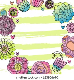 Flower hand drawn invitation card, succulent, rose and leaves vector. Stroke background. Empty space