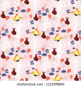 Flower hand drawn pink seamless vector pattern. Bird in a forest abstract texture.
