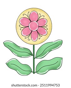 Flor. Dibujado a mano Ilustración vectorial Wall Art Print.Botanical doodle fondo conjunto de Vectores. Flor y hojas de forma abstracta doodle impresión de diseño de arte, Fondo de pantalla, Clipart, arte de la pared rosa amarillo verde 