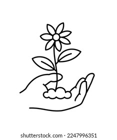 Flower in hand. Growth of plant. Vector line icon. Editable outline stroke.