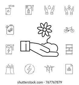 flower in the hand icon. Set of ecology sign icons. Signs, outline eco collection, simple thin line icons for websites, web design, mobile app, info graphics on white background