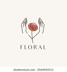 Flower hand logo vector illustration. Poppy flower with human hand line art outline icon sign symbol template