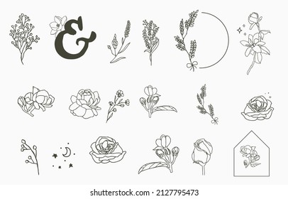 Kollektion von Blumen- und Handumrisselementen im einfachen Stil