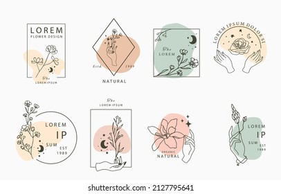 flower and hand outline element collection in simple style with square and circle shape