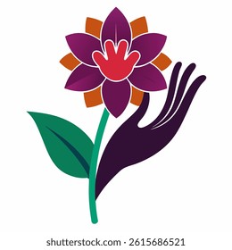 Flower with Hand Silhouette Icon Elegant Black Symbol on White Background for Nature