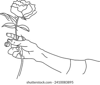flower in a hand, vector line art, valentine concept illustration, rose, romantic botanical vector, symbolic rose illustration