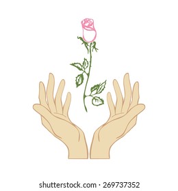 Flower in hands. Concept vector illustration