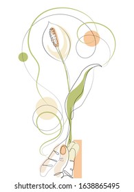Flower and Hands One Line Drawing. Black White Botanical Artwork with bright spots. Minimalist Floral Design.