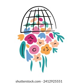 Flower hanging design, beautiful floral installation icon, vector illustration of wedding decoration, florist centerpiece for events, wicker basket with flowers, trendy home decor for spring
