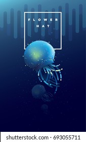Flower hat jellyfish swimming under the ocean surface in glowing blue and turquoise colors