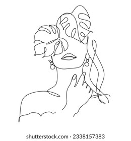 Flower head Feminine Illustration line drawing. Woman face with flowers line. Vector.