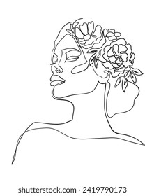 Flower head Feminine Illustration line drawing. Nature Organic Cosmetics Makeup. Line Art - Vector Illustration