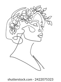 Flower head Feminine Illustration line drawing. Nature Organic Cosmetics Makeup. Line Art - Vector Illustration