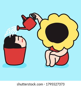 Flower Head Girl Watering Her Tired Head In A Pot Concept Card Character illustration