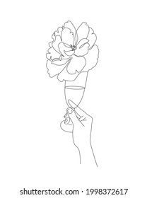Flower head in a glass. Drink in a hand contour minimalistic illustration. Romantic card concept for winery, bar or restaurant
