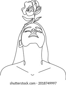 Línea de la cabeza de la flor Arte. Una línea dibujando a una mujer con flores desde la cabeza. Logo minimalista y elegante. Impresión botánica