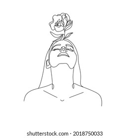 Flower Head Line Art. One Line drawing woman with floral from head. Minimal elegant logo. Botanical Print