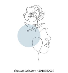 Flower Head Line Art. One Line drawing woman with floral from head. Minimal elegant logo. Botanical Print