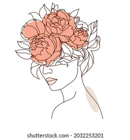 Flower Head Line Art Print. Female portrait for beauty, cosmetics, parfume, make up artist, florist minimal elegant logo