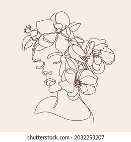 Flower Head Line Art Print. Female portrait for beauty, cosmetics, parfume, make up artist, florist minimal elegant logo