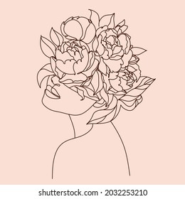 Flower Head Line Art Print. Female portrait for beauty, cosmetics, parfume, make up artist, florist minimal elegant logo