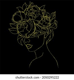 Flower Head Line Art Print. Female portrait for beauty, cosmetics, parfume, make up artist, florist minimal elegant logo