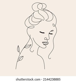 Flower Head Line Art Woman vector Minimalist Portrait . Natural Botanical symbol of cosmetics