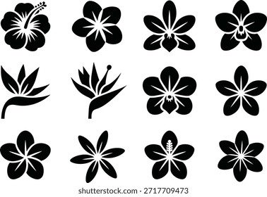 Flower head silhouette vector set, floral blossom decorative icons on white background