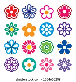 Juego de iconos vectoriales de la cabeza de la flor - naturaleza, plantas, colección de diseño de resorte. 
Iconos de flores diferentes y coloridos aislados en elementos de diseño floral y blanco