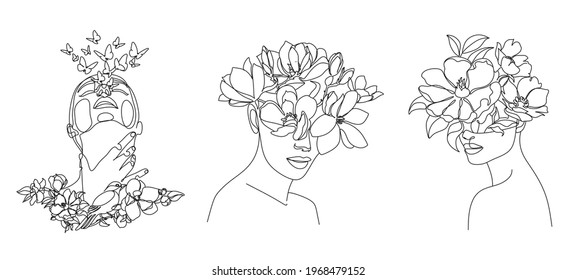 Flower Head Woman Line Art Set of 3. Minimalist Abstract Female Logo. Beauty Salon Hair stylist Logotype. Nature Botanical illustration