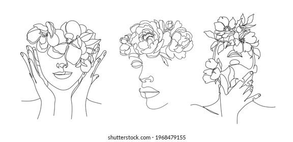 Flower Head Woman Line Art Set of 3. Minimalist Abstract Female Logo. Beauty Salon Hair stylist Logotype. Nature Botanical illustration