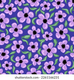 Flower heads seamless repeat pattern. Random placed, hand drawn, vector florals all over surface print on purple background.