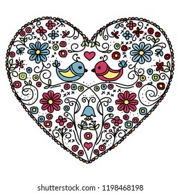 Flower heart with birds in love inside, wind drawing