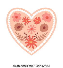 Flower heart in boho style. Valentine card with floral elements for Valentine's Day. A symbol of love. Vector illustration isolated on a white background