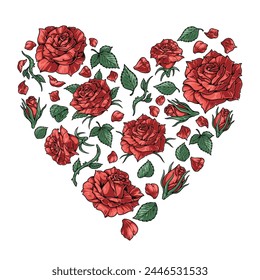 Flower heart colorful detailed sticker with buds of roses and green petals to decorate clothes of romantic person vector illustration