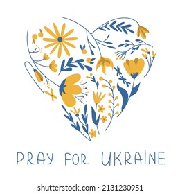 Flower heart in the colors of the flag of Ukraine. Preservation of peace. Heart with the text "Pray for Ukraine." Vector illustration.