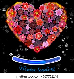 Flower heart in fire isolated on black background. Fire heart with flowers and snowflakes. Winter loading. 3d effect. Vector illustration