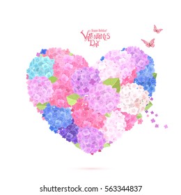 flower heart with flying butterflies. lovely hydrangeas for your design