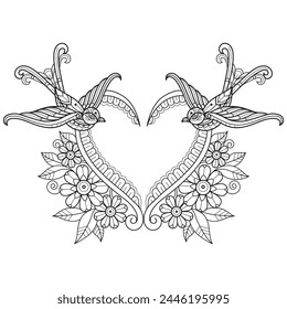 Flower heart frame and bird hand drawn for adult coloring book