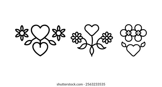flower heart icon set, linear style sign for mobile concept and web design. Valentine's day flower heart outline vector icon. Symbol, logo illustration. Vector graphics.
