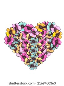Flower heart isolated on white background, hand drawn, vector. Layout valentine's day, love background