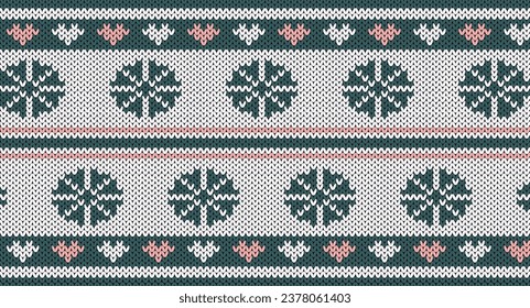 Flower and heart knitted pattern, Festive Sweater Design. Seamless Knitted Pattern