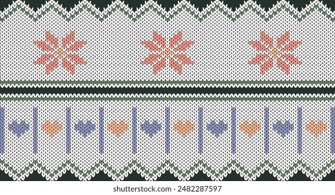 Flower and heart knitted pattern, Festive Sweater Design. Seamless Knitted Pattern