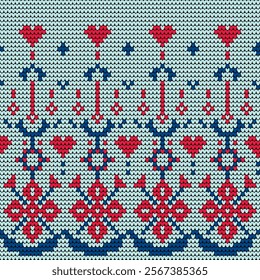 Flower and heart knitting pattern, light green background, seamless sweater texture