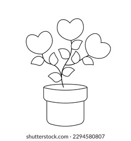 Corazón de flores con hoja en maceta de flores en blanco y negro