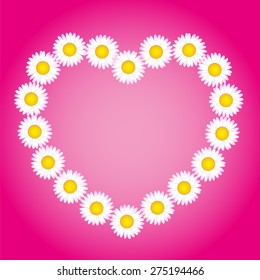 Flower heart out of daisies to write a loving text in it. Vector illustration on pink gradient background.