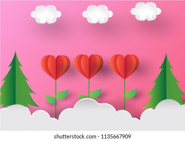 flower heart shape with Christmas tree and clouds paper cut style.Concept for love and valentines day background.
