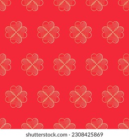 Flor de forma cardíaca elegante de línea dorada artes de diseño vectorial sin fisuras sobre fondo rojo. Plantilla para decoración de pared, papel pintado, invitaciones a bodas, ceremonias, tarjetas, empaque.