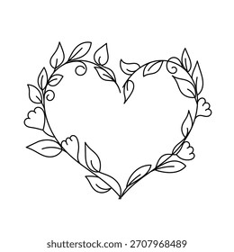Flower heart shape frame black doodle outline with leaves wreath drawing vector illustration