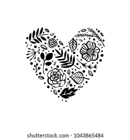 Flower heart shape pattern. Love card. Floral botanical elements. Hand drawn illustration. Nature vector design.